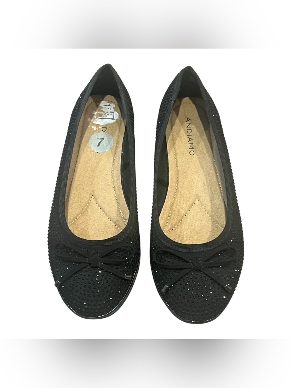 Black Andiamo Ballet Flats Sparkling Rhinestone Embellishments Bows Size 7